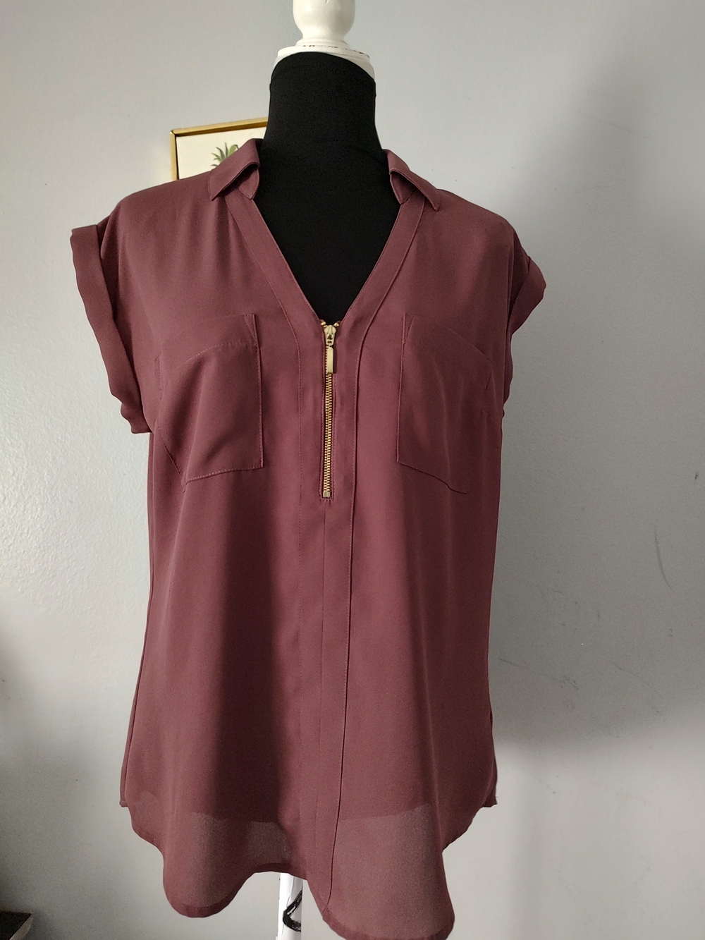 Express Womens Zip-Front Cap Sleeve Blouse - Mauve